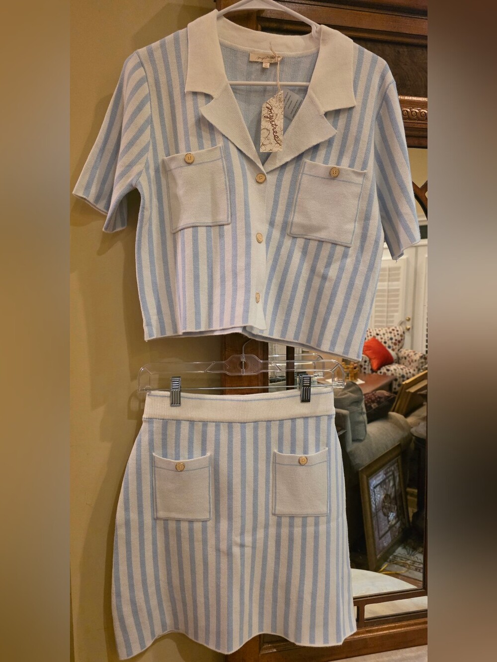 Mystree Blue and White Striped Knit Skirt Set